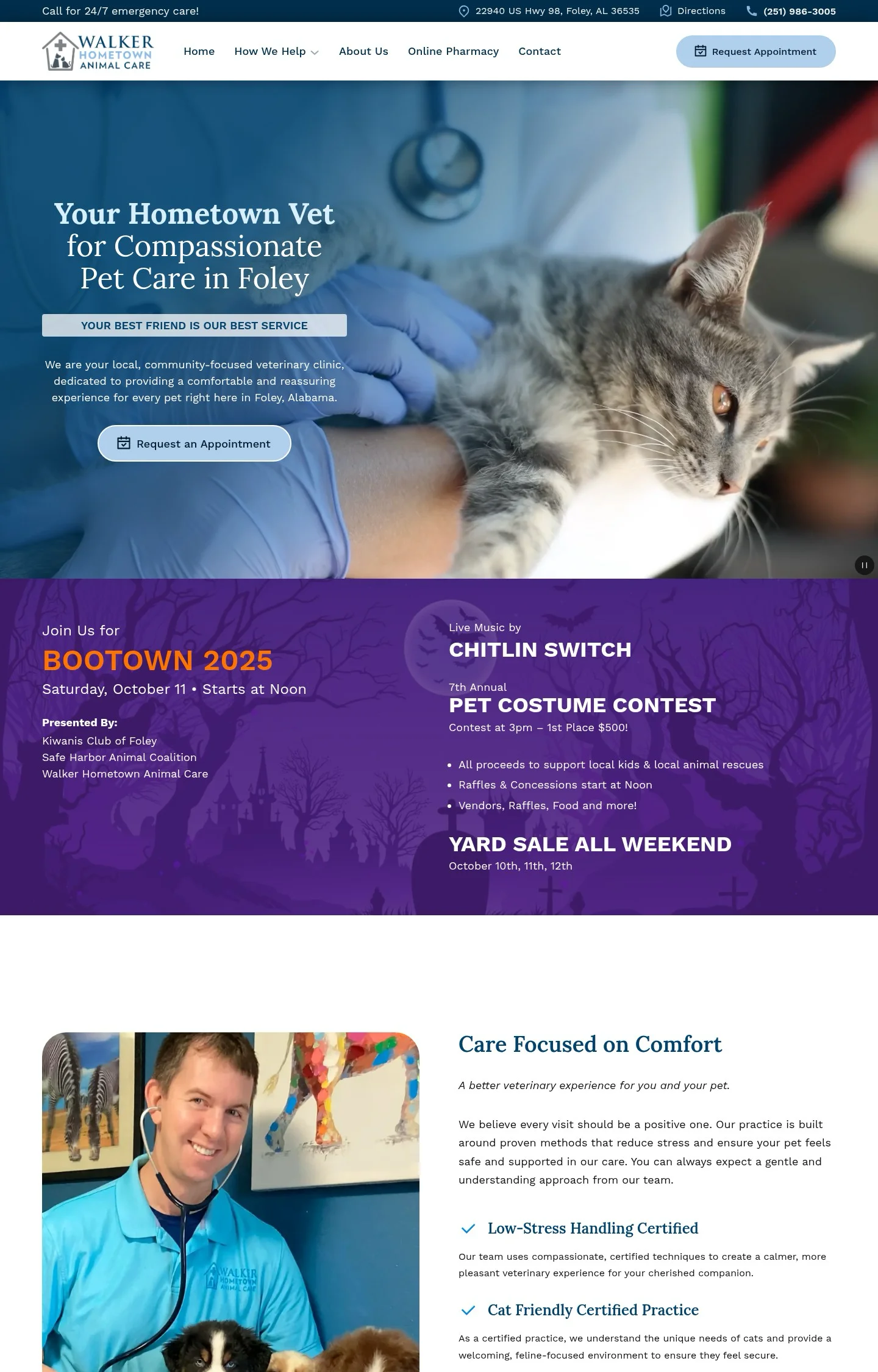 A homepage screenshot of a website designed for Walker Hometown Animal Care, featuring a hero image of a vet examining a cat and a profile of a smiling male vet with puppies.