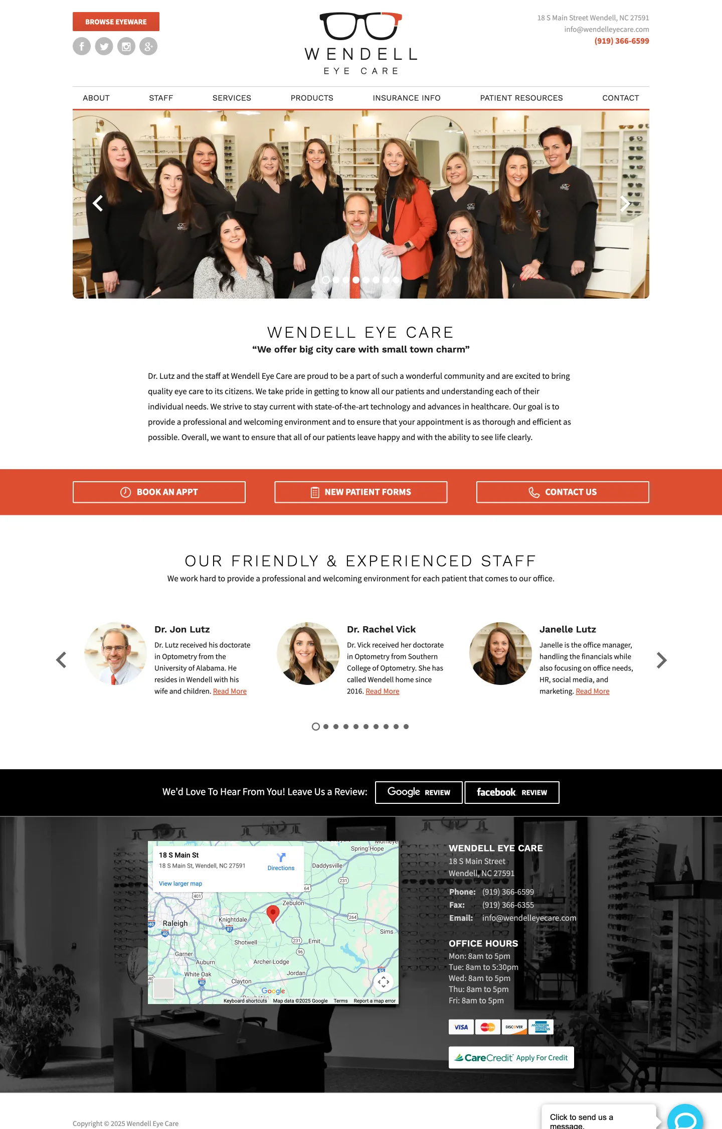 A homepage screenshot of a website designed for Wendell Eye Care, featuring a large staff photo, call-to-action buttons, a detailed contact section, and a map.