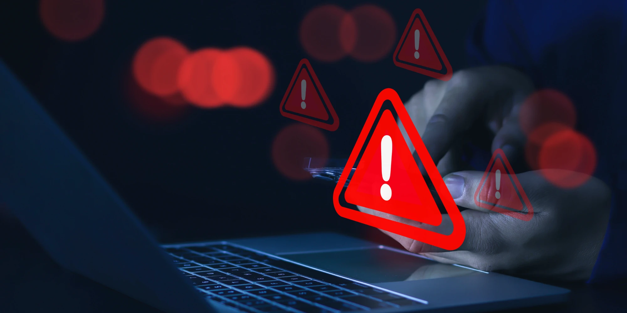 A close-up of a person's hands near a laptop keyboard in a dark room, overlaid with several prominent red security warning symbols.