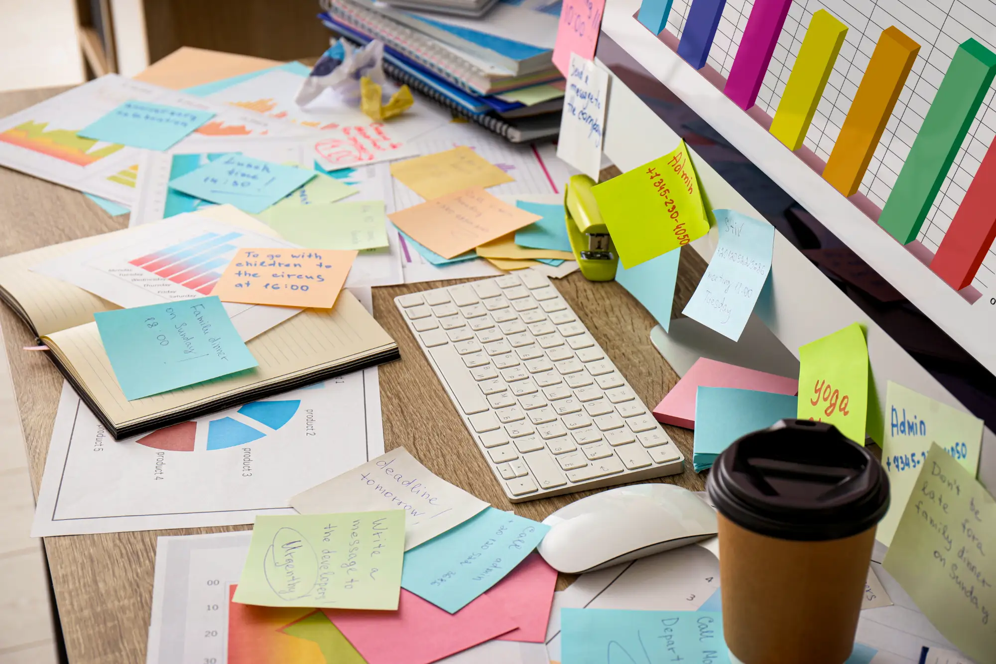 A desktop covered in documents, charts, and many handwritten sticky notes indicating a busy workflow. A keyboard, mouse, and coffee cup sit near a monitor displaying an ascending bar graph.