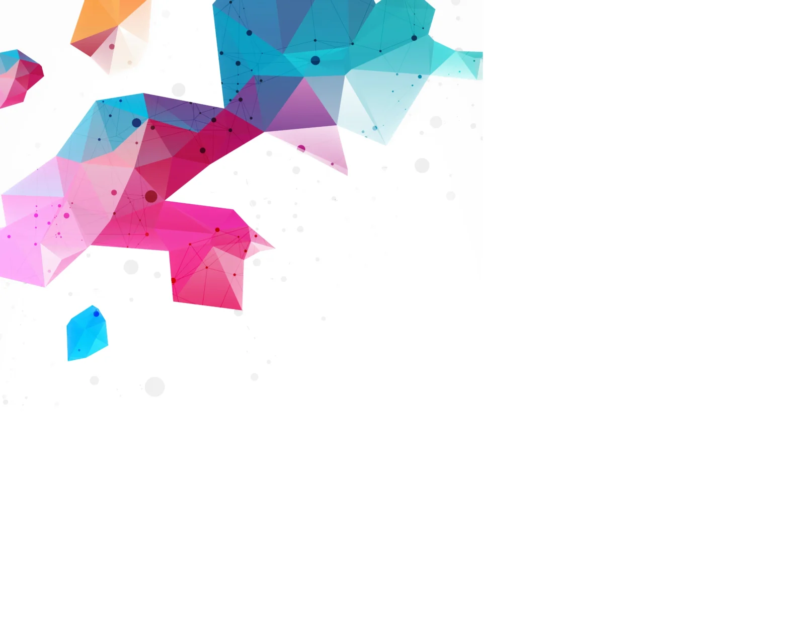 An abstract background of vibrant pink, blue, and orange geometric polygonal shapes connected by a network of lines and nodes, positioned in the top-left corner.