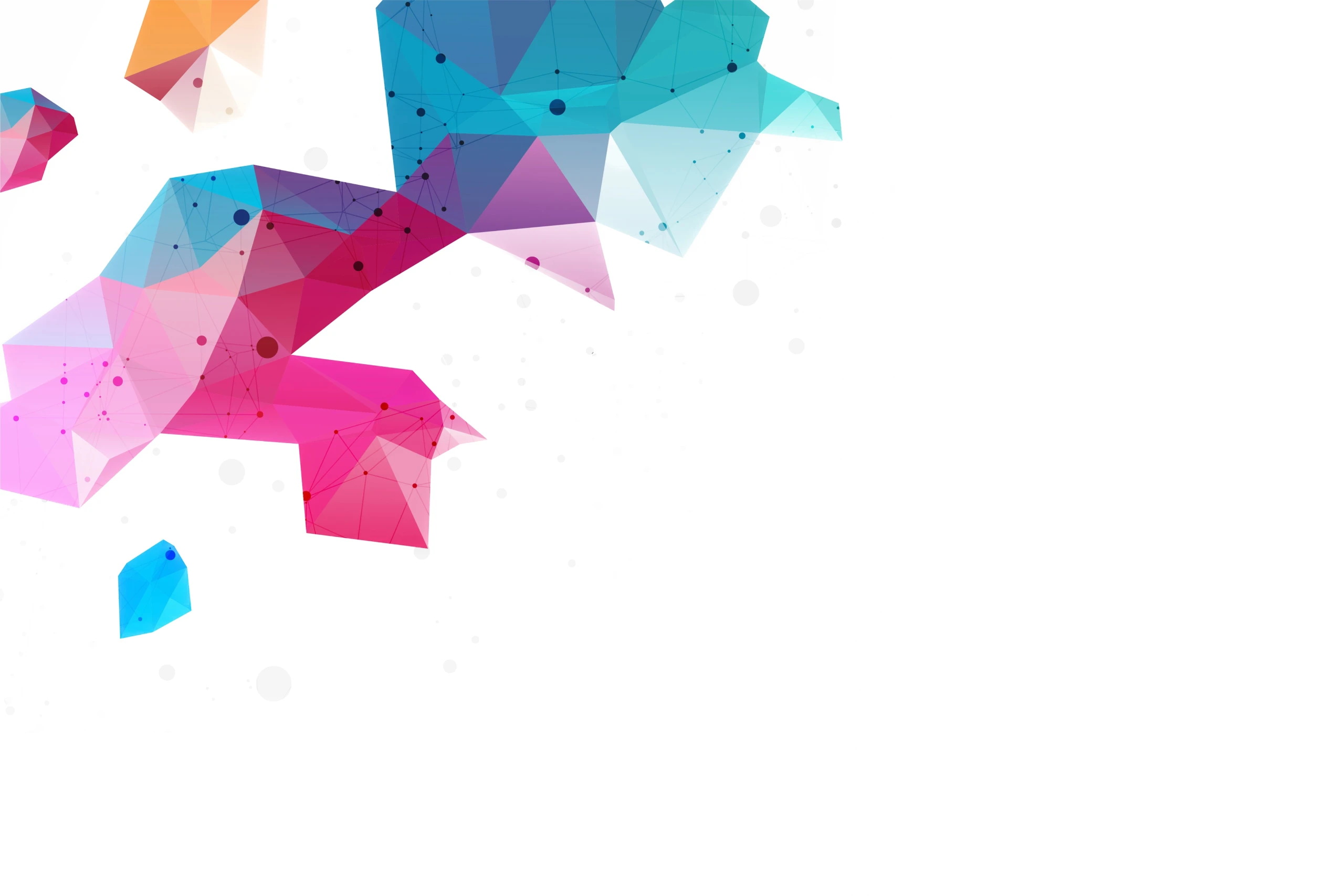 Abstract geometric background featuring complex, interconnected polygons in shades of pink, magenta, blue, and cyan in the top left corner.